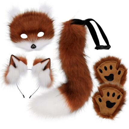 Halloween Furry Fox Costume Set - Plush Mask, Ears Headband, Tail, and Paws for Cosplay