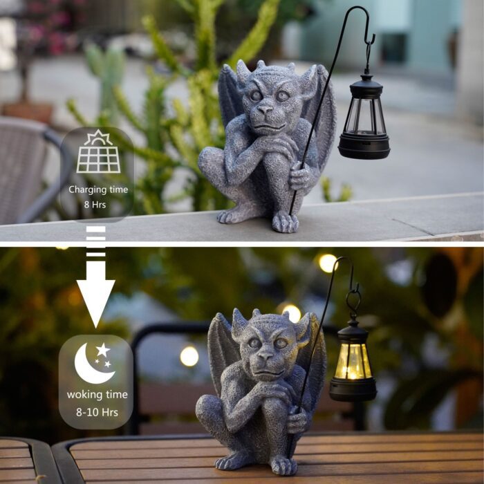 Solar-Powered Gargoyle Statue with LED Lantern – Gothic Outdoor Halloween Garden Decor - Image 4