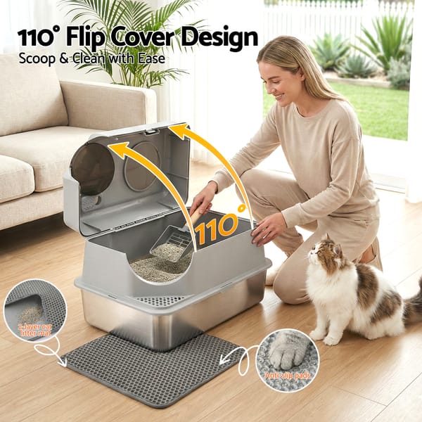 i.Pet Cat Litter Box Large Stainless Steel High Sided Pet Toilet Odour Control - Image 5