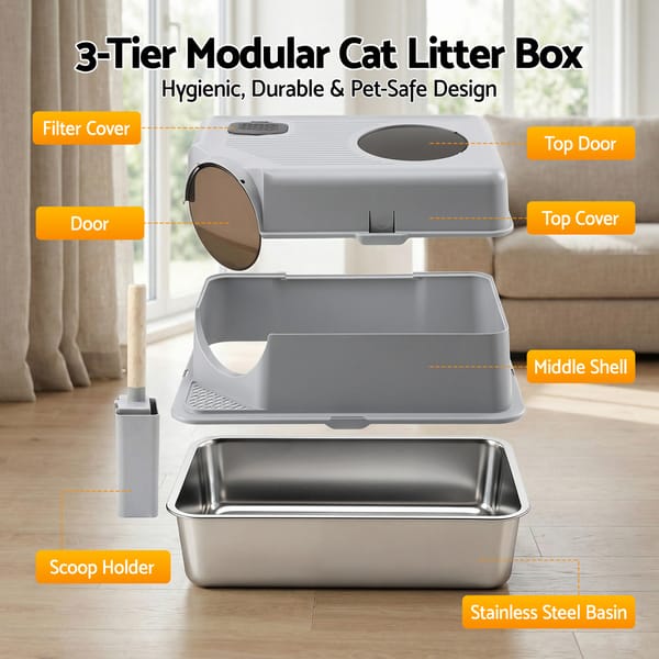 i.Pet Cat Litter Box Large Stainless Steel High Sided Pet Toilet Odour Control - Image 3