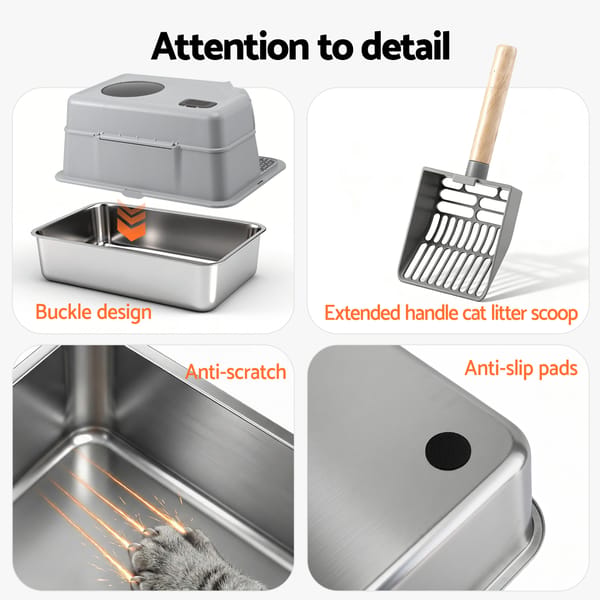 i.Pet Cat Litter Box Large Stainless Steel High Sided Pet Toilet Odour Control - Image 2